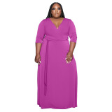 Women's Belted Solid Color Fashion Loose Plus Size Dress