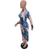 Women's Zip-Up Print Midi Dress (with Belt)