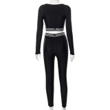 Women's Fitted Zip Letter Crop Long Sleeve Pants Casual Set