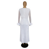 Women's Round Neck Long Sleeve Mesh Patchwork Maxi Dress Solid Plus Size Dress