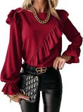 Women's Round Neck Beveled Ruffled Floral Long Sleeve Shirt Women