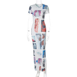Autumn women's abstract print short-sleeved slit dress