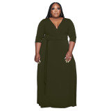 Women's Belted Solid Color Fashion Loose Plus Size Dress