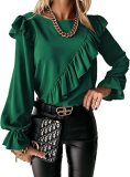 Women's Round Neck Beveled Ruffled Floral Long Sleeve Shirt Women