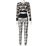 Women's Fall Winter Printed Tight Fitting Long Sleeve Top Mesh See-Through Pants Sports Casual Set