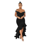 Women's v-neck ruffled fishtail dress solid color dress