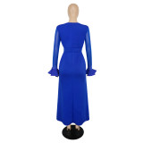 Women's Round Neck Long Sleeve Mesh Patchwork Maxi Dress Solid Plus Size Dress