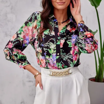 Loose Shirt Spring Autumn Flower Chic Elegant Print Cardigan Single Breasted Long Sleeve Shirt