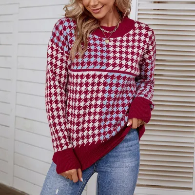 women's autumn and winter knitting shirt contrast color houndstooth pullover sweater