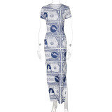 Autumn women's abstract print short-sleeved slit dress