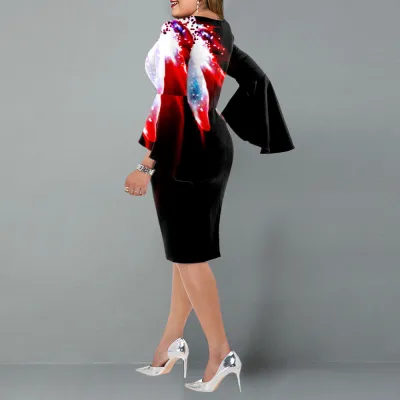 Fall Digital Flower Plus Size Women's Bodycon Dress