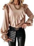 Women's Round Neck Beveled Ruffled Floral Long Sleeve Shirt Women