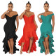 Women's v-neck ruffled fishtail dress solid color dress