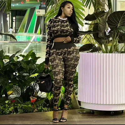 Women's Fall Winter Printed Tight Fitting Long Sleeve Top Mesh See-Through Pants Sports Casual Set
