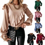 Women's Round Neck Beveled Ruffled Floral Long Sleeve Shirt Women