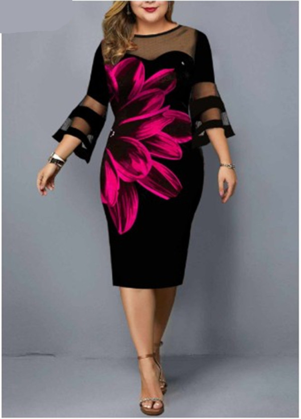 Digitally Printed Mesh Patchwork Plus Size Women's Dress