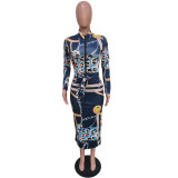Women's Zip-Up Print Midi Dress (with Belt)