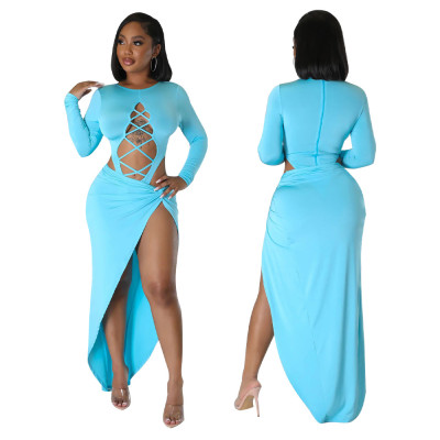 Women Solid Color Sexy Hollow Long Sleeve Bodysuit + Slit Skirt Two-piece Set