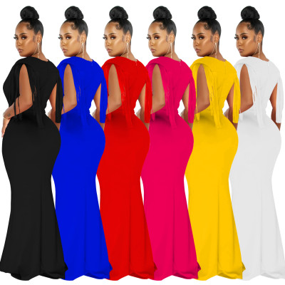 Women Solid Color V-Neck Fringe Sleeveless Long Dress