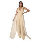 Women Sexy Halter Neck Jumpsuit Wide Leg Pants + Detachable Skirt