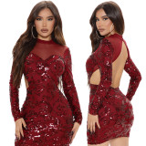 Womens Sexy See-Through Mesh Round Neck Sequin Bodycon Dress