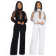 Women Turtleneck Sequined Lace See-Through Long Sleeve Loose Jumpsuit