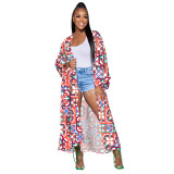 Women Fall Boho Printed Loose Balloon Sleeves Robe