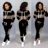 Autumn and Winter Women Leopard Print Patchwork High Neck Long Sleeve Top + Trousers Two-piece Set
