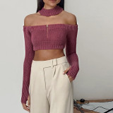 Fall Women Off Shoulder Sexy Zip Crop Sweater
