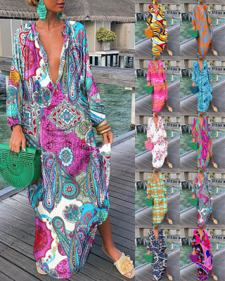 Women Printed V-Neck Long Sleeve Long Dress