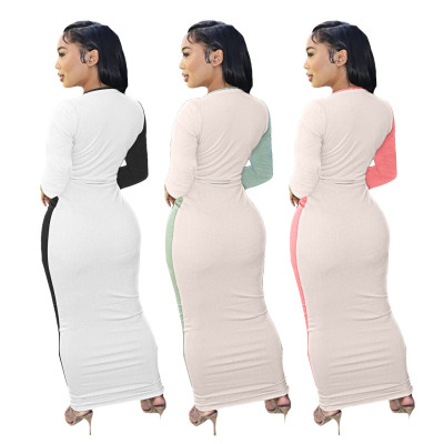 Women Sexy Colorblock Cutout Long Sleeve Long Dress