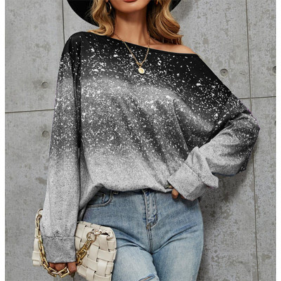 Fall/Winter Women Printed Contrast Color Gradient Long Sleeve T-Shirt