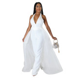 Women Sexy Halter Neck Jumpsuit Wide Leg Pants + Detachable Skirt