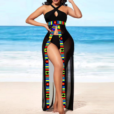 Women Sexy See-Through Print Slit Beach Holidays Dress