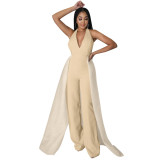 Women Sexy Halter Neck Jumpsuit Wide Leg Pants + Detachable Skirt