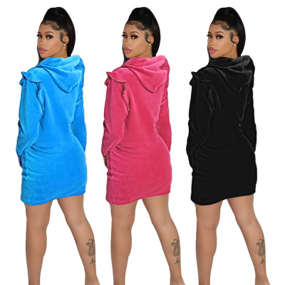 Women Zipper Hooded Velvet Ruffled Long Sleeve Top+Mini Skirt Two Piece
