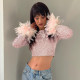 Women Fall Sequin Feather Long Sleeve Crop Top