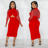 Women Mesh Long Sleeve Solid Cut Out Bodycon Dress