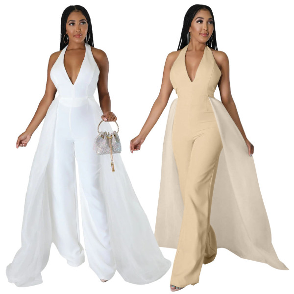 Women Sexy Halter Neck Jumpsuit Wide Leg Pants + Detachable Skirt