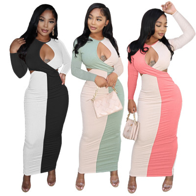 Women Sexy Colorblock Cutout Long Sleeve Long Dress