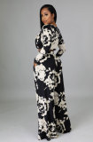 Women Printed Long Sleeve Deep V Sexy Top + Wide Leg Pants Two Piece Set