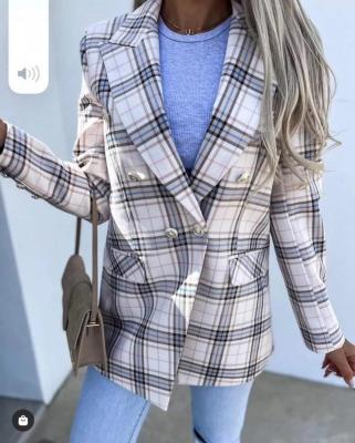 Women'S Fashion Plaid Print Long Sleeve Blazer Jacket