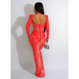 Fashion Women'S Rhinestone Beaded Mesh See-Through Long-Sleeve Backless Evening Party Long Dress