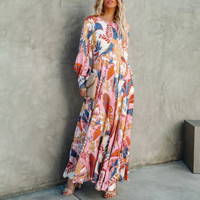 Fall Plus Size Chic Print Long Sleeve Casual Maxi Dress