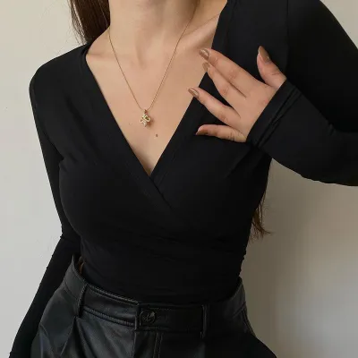 Autumn Women'S Tops Daily Casual Versatile Slim V-Neck Lace-Up Long Sleeve T-Shirt Women