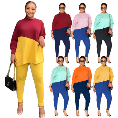 Women'S Fall Long Sleeve Round Neck Loose Casual Colorblock Hoodies Tight Pants Two Piece Set