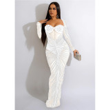 Fashion Women'S Rhinestone Beaded Mesh See-Through Long-Sleeve Backless Evening Party Long Dress