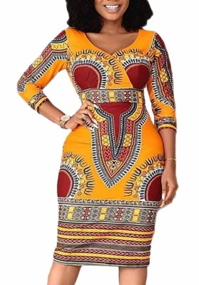 African Print V-Neck Tight Fitting Dress Fashion Women'S Ethnic Dress