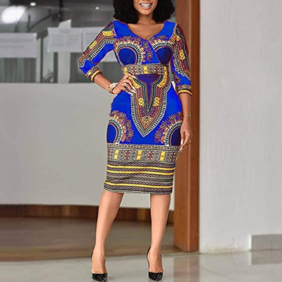 African Print V-Neck Tight Fitting Dress Fashion Women'S Ethnic Dress