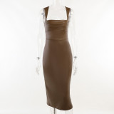 Women'S Fall Slim Leather Sleeveless Strap Long Dress
